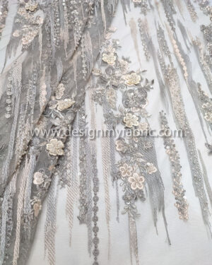 Grey 3d flower and beaded lace fabric #91959