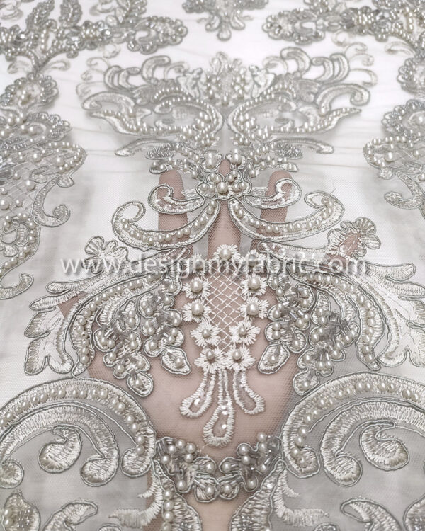 Grey pearls with beaded lace fabric #91491 - Image 3