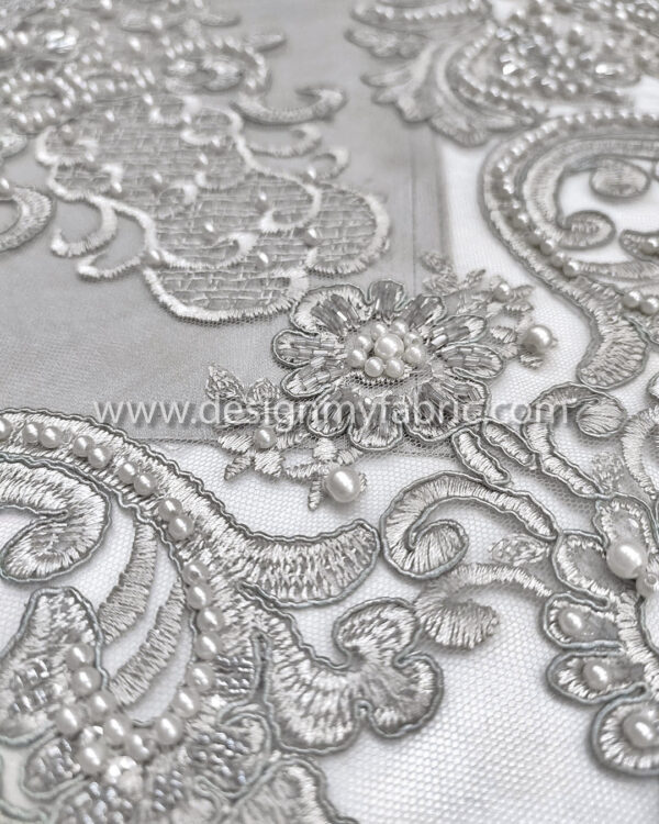 Grey pearls with beaded lace fabric #91491 - Image 5