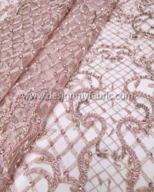 Dusty pink pearls and beaded lace fabric #99100