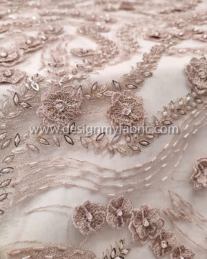 Dusty pink 3d flower and beaded lace fabric #20456