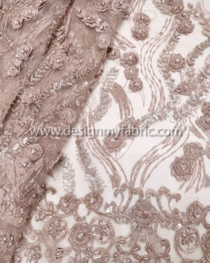 Dusty pink 3d flower and beaded lace fabric #20456