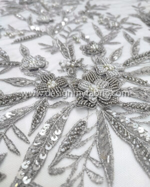 Grey 3d flower and beaded lace fabric #99129