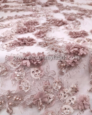 Dusty pink 3d flower and beaded lace fabric #99043