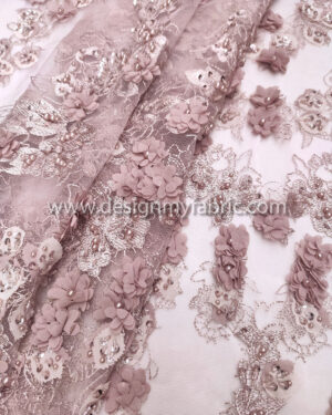 Dusty pink 3d flower and beaded lace fabric #99043