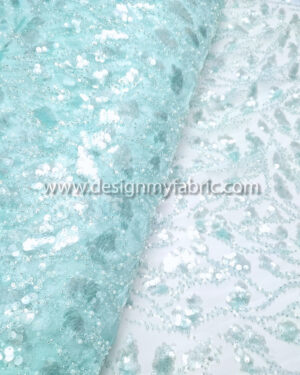 Cyan scale sequined and seed beads lace fabric #50692