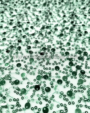 Green pearls and sequined lace fabric #50759