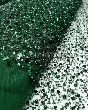 Green pearls and sequined lace fabric #50759