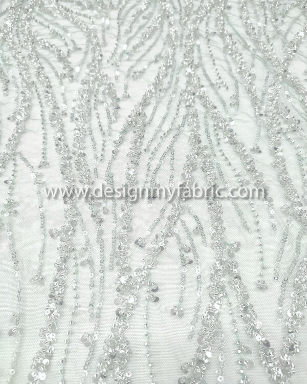 Silver sequined and light green lace fabric #50717 - Image 2