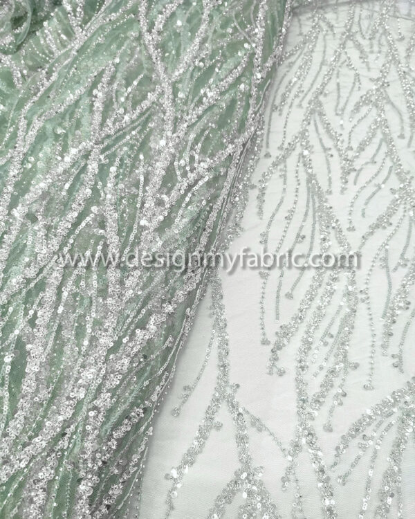 Silver sequined and light green lace fabric #50717