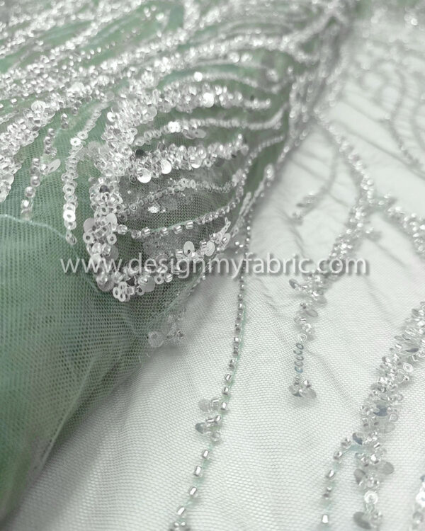 Silver sequined and light green lace fabric #50717 - Image 6