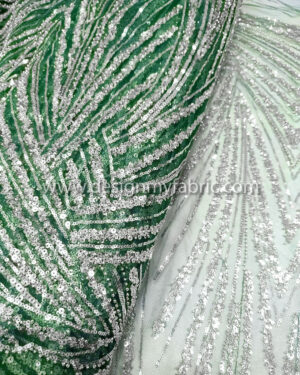 Silver sequined and green lace fabric #50715