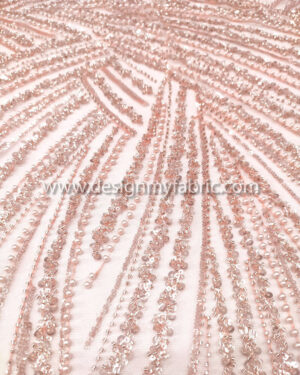 Silver sequined and coral color lace fabric #50694