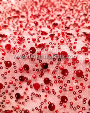 Red pearls and sequined lace fabric #50800