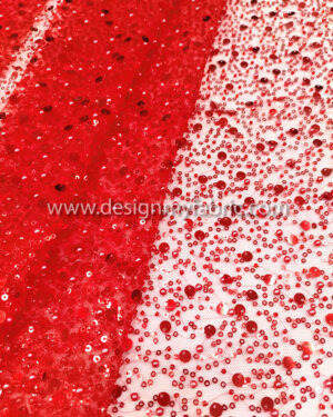 Red pearls and sequined lace fabric #50800