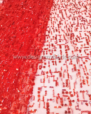 Red sequined lace fabric with pearls and beads #50329