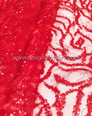 Red pearls and sequined lace fabric #50728