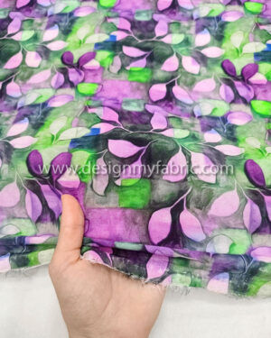Green and pink leaves poplin fabric #50872