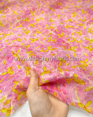 Yellow leaves pink linen fabric #50778