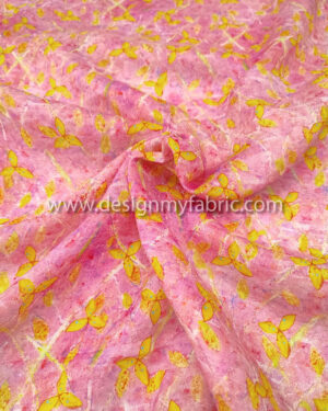 Yellow leaves pink linen fabric #50778