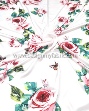 Red roses and butterfly satin fabric #50011