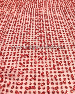 Dark red net glitter and pearls fabric #91976