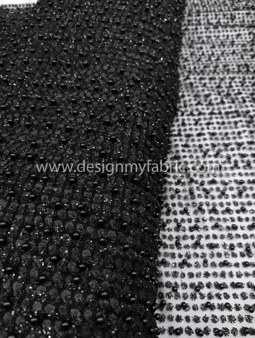 Black net glitter and pearls fabric #91978 - Design My Fabric