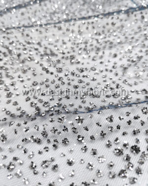 Silver glitter on blue lace fabric #99149