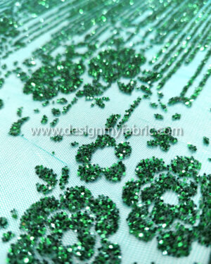 Green flower glitter on turquoise lace fabric #81071