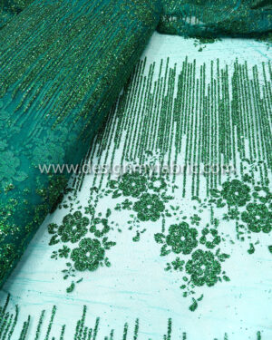 Green flower glitter on turquoise lace fabric #81071