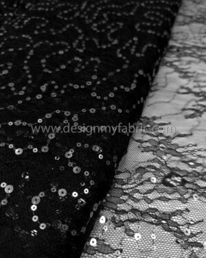 Black french lace with silver sequined fabric #50345