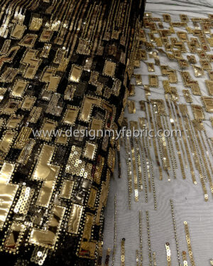 Gold sequined and beaded with black lace fabric #51094