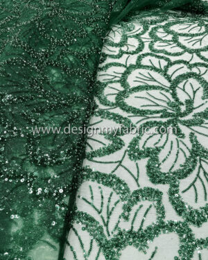 Green pearls and sequined floral lace fabric #50518