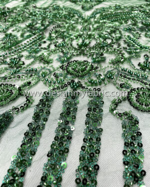 Green pearls and beaded floral lace fabric #51089