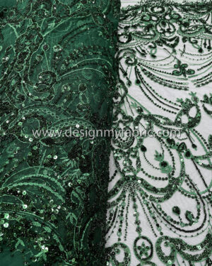 Green sequined and beaded floral lace fabric #51098