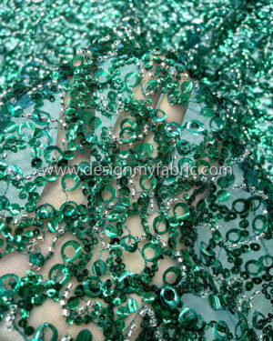 Green sequined and silver beaded petrol lace fabric #51068