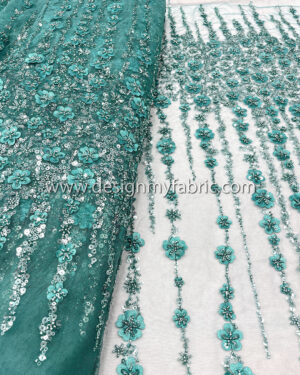 Petrol 3d flower sequined and beaded lace fabric #50507