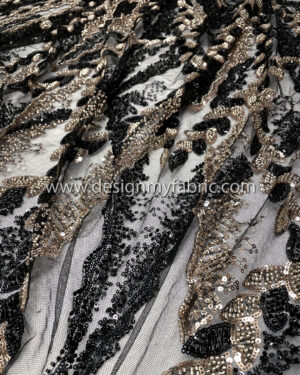 Black and bronze sequined lace fabric with beads #50503