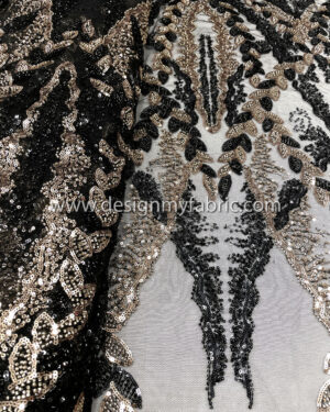 Black and bronze sequined lace fabric with beads #50503