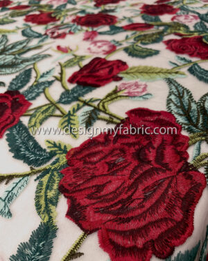 Red roses embroidery on pink lace fabric #51082