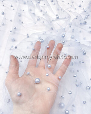 Baby Blue pearls lace fabric #51088