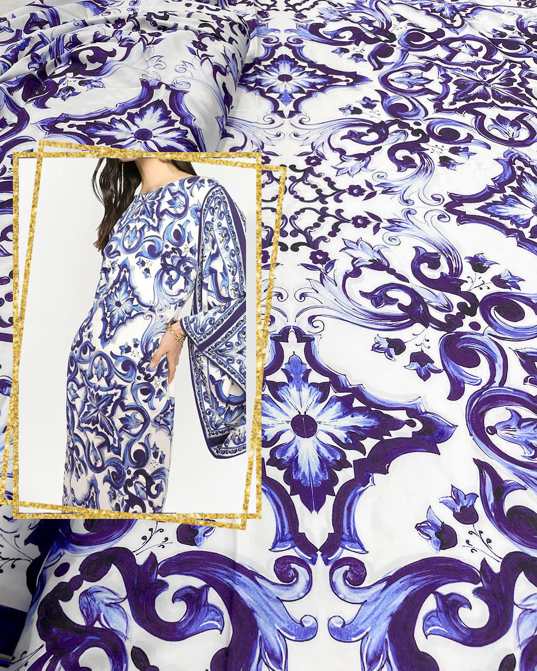 Blue and purple majolica satin fabric #51073 - Design My Fabric