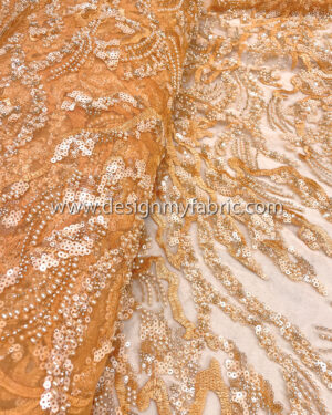Orange sequined and beaded lace fabric #50505