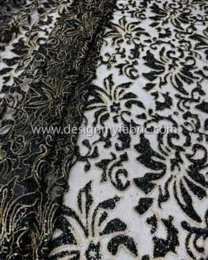 Gold and black glitter flower net fabric #20628