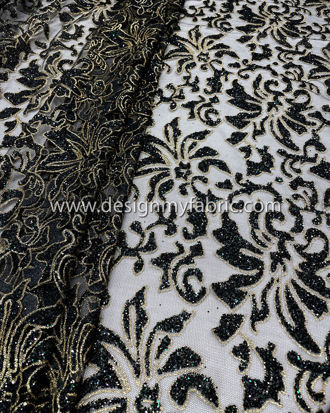 Gold and black glitter flower net fabric #20628 - Design My Fabric