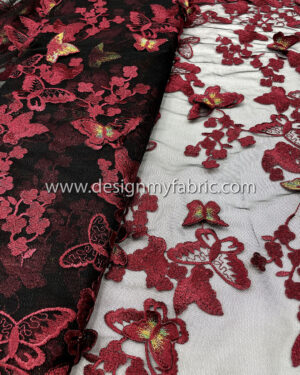 Black lace fabric with burgundy 3D butterfly #80062