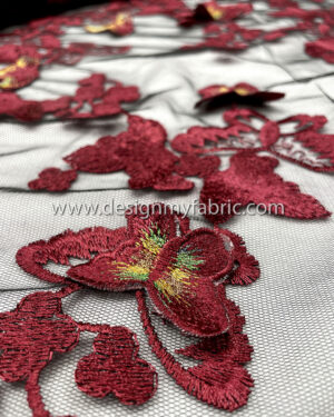 Black lace fabric with burgundy 3D butterfly #80062