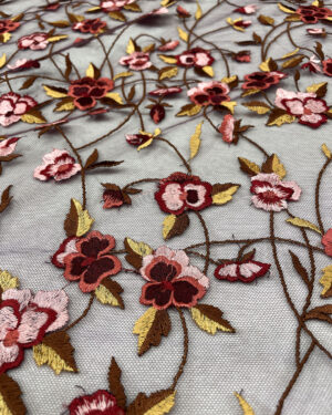 Multicolor flower and burgundy lace fabric #80798
