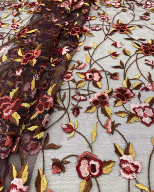 Multicolor flower and burgundy lace fabric #80798