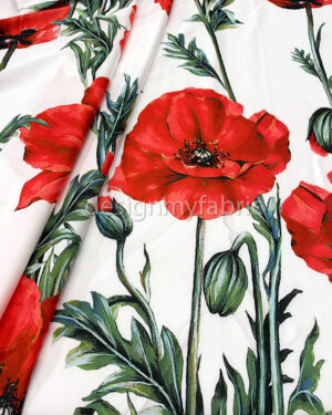 Red flowers white satin fabric #200302